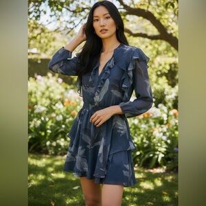 Halston Heritage Navy Floral Long Sleeve Dress